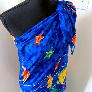 Vibrant Blue Sarong Swim Suit Cover with Sea Life Design